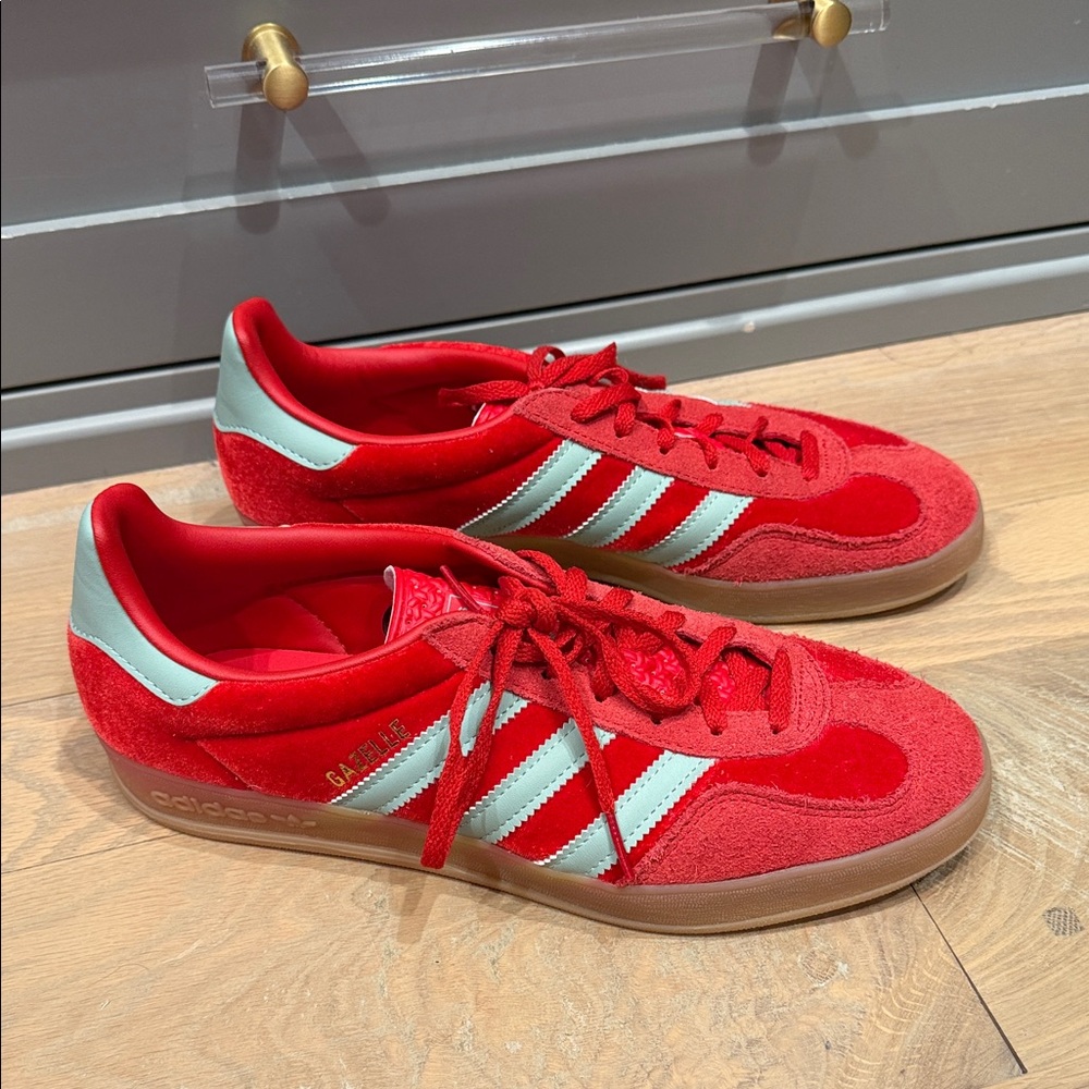 Adidas Red and Teal Gazelle Velvet Classic Trainers